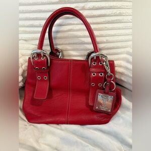 Tignanello Red Shoulder Bag with Tan Patterned Pouch